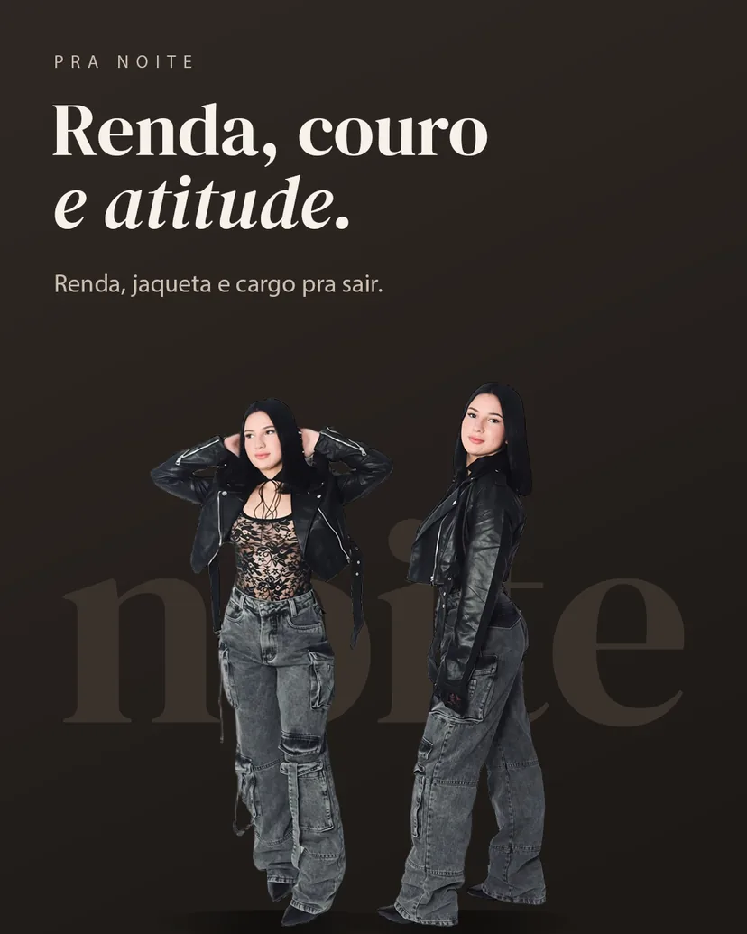 Modelo com body de renda, jaqueta de couro e calça cargo grafite. Renda, couro e atitude.